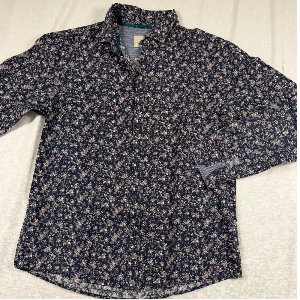 Steel & Jelly Mens Floral Button Down Blue Cotton Long Sleeve L Cottagecore Flip